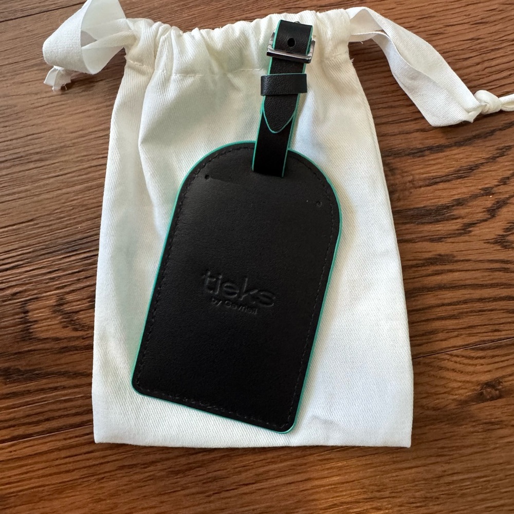 Tieks Black Leather Luggage Tag with Teal Trim